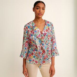 ELIE TAHARI Floral Ruffle 3/4 Bell Sleeve Blouse